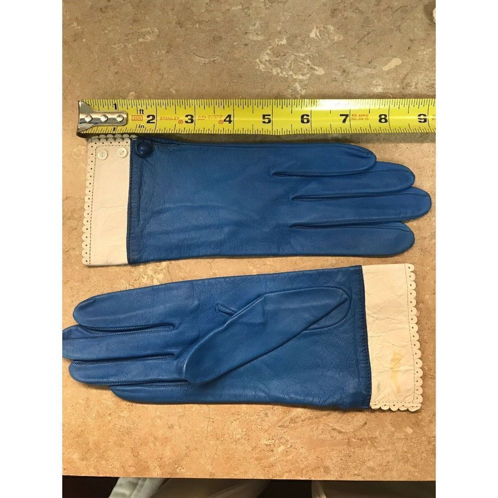 Women Leather Gloves Vintage 9” X3.5” Blue White Button Wrists SZ 6.5